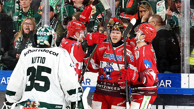 Wer zuletzt lacht, lacht am besten: Das dachten sich sicher auch Landshuts Stanislav Dietz, Siegtorsch&uuml;tze Tor Immo und Tobias Lindberg (rote Trikots v.l.) nach dem 3:2.