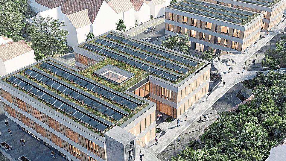 Luftbildaufnahme von der Oberen Stadt aus gesehen. Im Vordergrund sieht man den Aufzug, der von der Tiefgarage bis in die Obere Stadt f&uuml;hren wird.