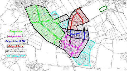 Die farbig markierten Fl&auml;chen sind aufgeteilt in die jeweiligen Bebauungspl&auml;ne (siehe Beschriftung). Im Industriegebiet Galgenlohe V sollen nun durch die Deckblatt&auml;nderung die Emissionskontingente genauer definiert werden. Dunkelgr&uuml;n eingerahmt ist das geplante neue Baugebiet bei Oberotterbach.