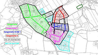 Die farbig markierten Fl&auml;chen sind aufgeteilt in die jeweiligen Bebauungspl&auml;ne (siehe Beschriftung). Im Industriegebiet Galgenlohe V sollen nun durch die Deckblatt&auml;nderung die Emissionskontingente genauer definiert werden. Dunkelgr&uuml;n eingerahmt ist das geplante neue Baugebiet bei Oberotterbach.