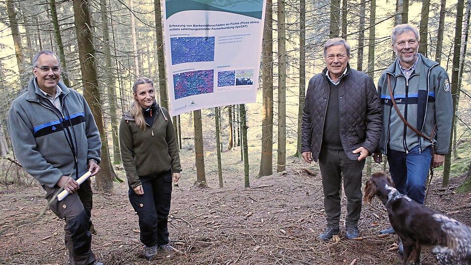 Stellten das Projekt vor: Rudolf Seitz von der Bayerischen Landesanstalt für Wald und Forstwirtschaft, Forstanwärterin Alexandra Gibis, Waldbesitzer Karl Brandl und der Bereichsleiter Forsten am AELF Cham, Arthur Bauer. Stellten das Projekt vor: Rudolf Seitz von der Bayerischen Landesanstalt für Wald und Forstwirtschaft, Forstanwärterin Alexandra Gibis, Waldbesitzer Karl Brandl und der Bereichsleiter Forsten am AELF Cham, Arthur Bauer.