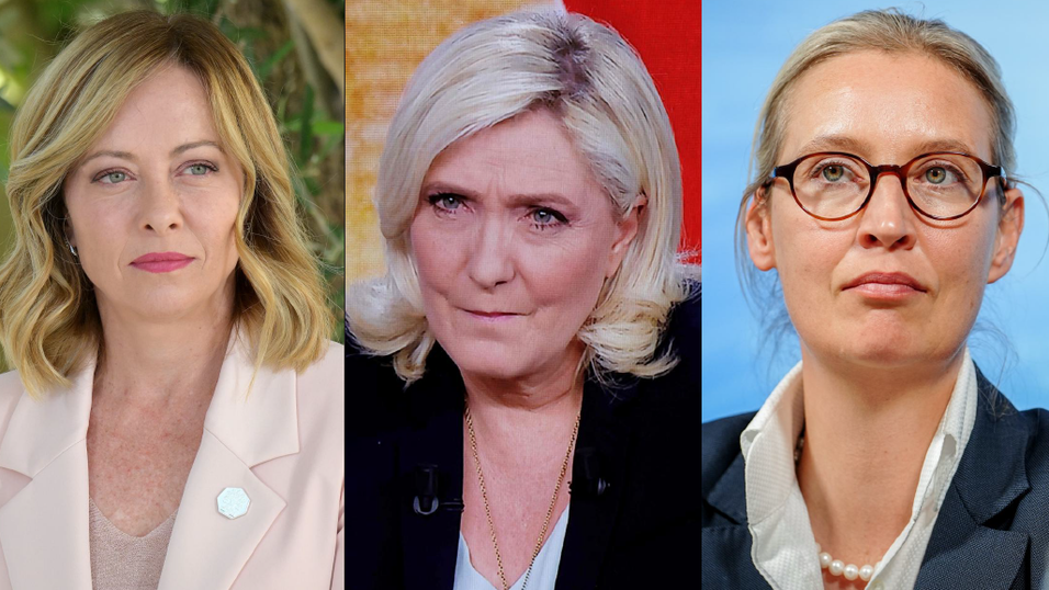 Giorgia Meloni (l.) ist Chefin der Fratelli d’Italia und italienische Ministerpräsidentin. Marine Le Pen (M.) führt das Rassemblement National in Frankreich an und Alice Weidel ist Vorsitzende der deutschen AfD - beide Letztere wollen aus der Opposition an die Macht. Giorgia Meloni (l.) ist Chefin der Fratelli d’Italia und italienische Ministerpräsidentin. Marine Le Pen (M.) führt das Rassemblement National in Frankreich an und Alice Weidel ist Vorsitzende der deutschen AfD - beide Letztere wollen aus der Opposition an die Macht.