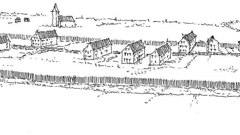 Rekonstruktionszeichnung von Vilsbiburg nach der Gr&uuml;ndung Anfang des 13. Jahrhunderts. Die Stadtbefestigung besteht noch aus einem Graben und der Palisade. Der Innenbereich der neu gegr&uuml;ndeten Stadt ist noch locker bebaut. Die Kirche liegt zu jener Zeit au&szlig;erhalb der Stadtneugr&uuml;ndung im Bereich des Dorfes Biburg.