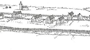 Rekonstruktionszeichnung von Vilsbiburg nach der Gr&uuml;ndung Anfang des 13. Jahrhunderts. Die Stadtbefestigung besteht noch aus einem Graben und der Palisade. Der Innenbereich der neu gegr&uuml;ndeten Stadt ist noch locker bebaut. Die Kirche liegt zu jener Zeit au&szlig;erhalb der Stadtneugr&uuml;ndung im Bereich des Dorfes Biburg.