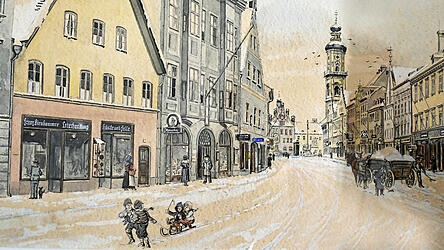 Stillleben von 1940: Die Hauptstraße wird von Schnee befreit, während Kinder sich mit ihrem Schlitten vergnügen. Stillleben von 1940: Die Hauptstraße wird von Schnee befreit, während Kinder sich mit ihrem Schlitten vergnügen.