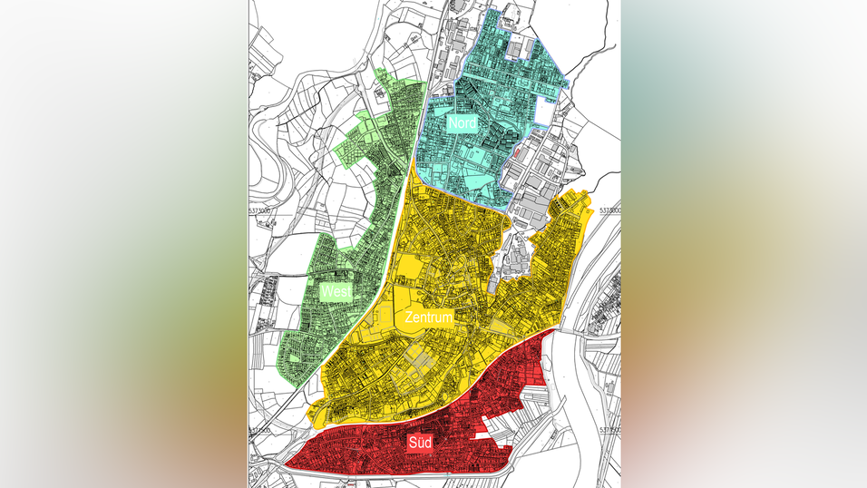 Die Polygonaufteilung in vier Bereiche f&uuml;r den Glasfaserausbau der Telekom in Moosburg.