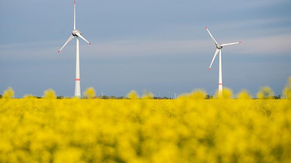 Windkraftanlagen stehen hinter bl&uuml;hendem Raps auf einem Feld. Im Landkreis Regensburg suchen die Gemeinden derzeit nach geeigneten Vorrangfl&auml;chen f&uuml;r den Ausbau der Windkraft in Bayern.