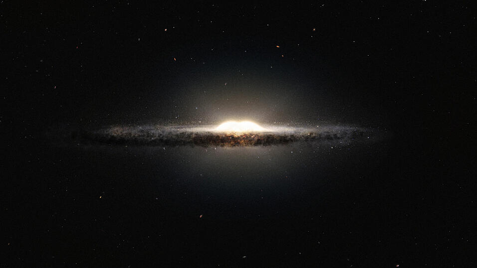 Ein ganz neuer Blick auf unsere Milchstraße: Die künstlerische Darstellung zeigt, wie unsere Galaxie von der Seite aussehen würde. Das Zentrum erscheint als ein erdnussförmiger, glühender Ball aus Sternen, die Spiralarme und Staubwolken bilden ein schmales Band. Ein ganz neuer Blick auf unsere Milchstraße: Die künstlerische Darstellung zeigt, wie unsere Galaxie von der Seite aussehen würde. Das Zentrum erscheint als ein erdnussförmiger, glühender Ball aus Sternen, die Spiralarme und Staubwolken bilden ein schmales Band.