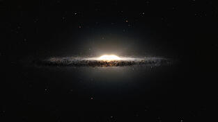 Ein ganz neuer Blick auf unsere Milchstraße: Die künstlerische Darstellung zeigt, wie unsere Galaxie von der Seite aussehen würde. Das Zentrum erscheint als ein erdnussförmiger, glühender Ball aus Sternen, die Spiralarme und Staubwolken bilden ein schmales Band.
