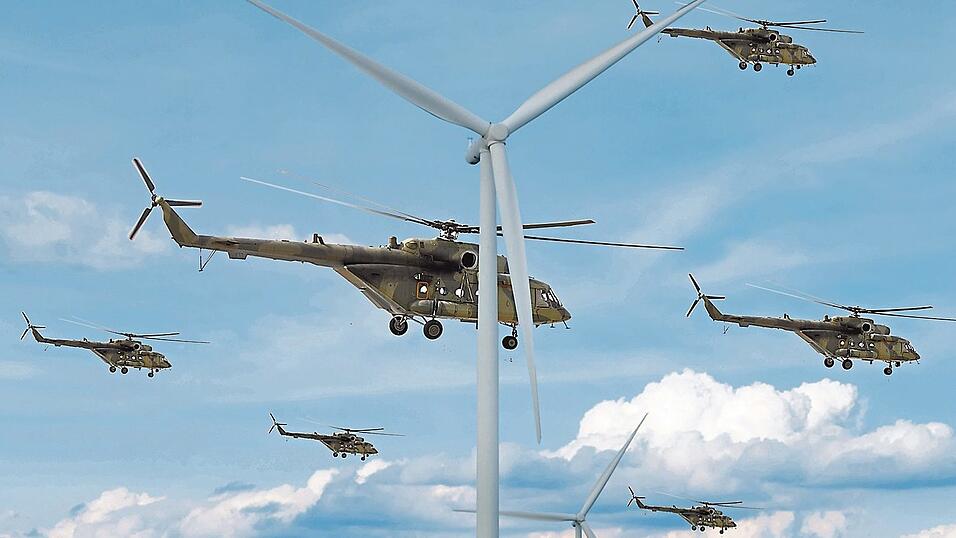 Weil man f&uuml;r die Bundeswehr offenbar geheime Tiefflugkorridore freihalten muss, stehen die Schierlinger Windkraftpl&auml;ne auf der Kippe. Antworten soll es wohl erst im Juli vom regionalen Planungsverband geben. (Fotomontage)