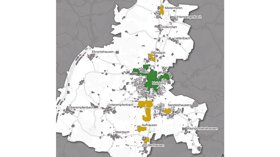 Potenzielle Gebiete für zukünftige Wärmenetze: Grün das Eignungsgebiet „Mainburg Zentrum“ und gelb die Prüfgebiete wie „Wambach“ und das Gewerbegebiet im Süden Mainburgs.
