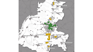 Potenzielle Gebiete für zukünftige Wärmenetze: Grün das Eignungsgebiet „Mainburg Zentrum“ und gelb die Prüfgebiete wie „Wambach“ und das Gewerbegebiet im Süden Mainburgs.