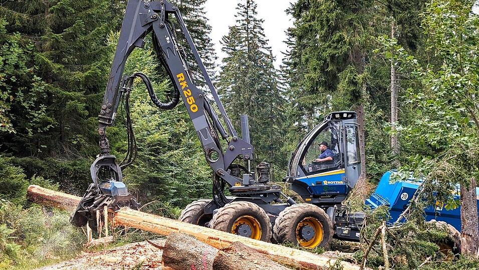 Mit 350 PS und dem Debarking-Aggregat am Stamm entrindet Heinz Adam aus Bodenmais die tonnenschweren Fichten.