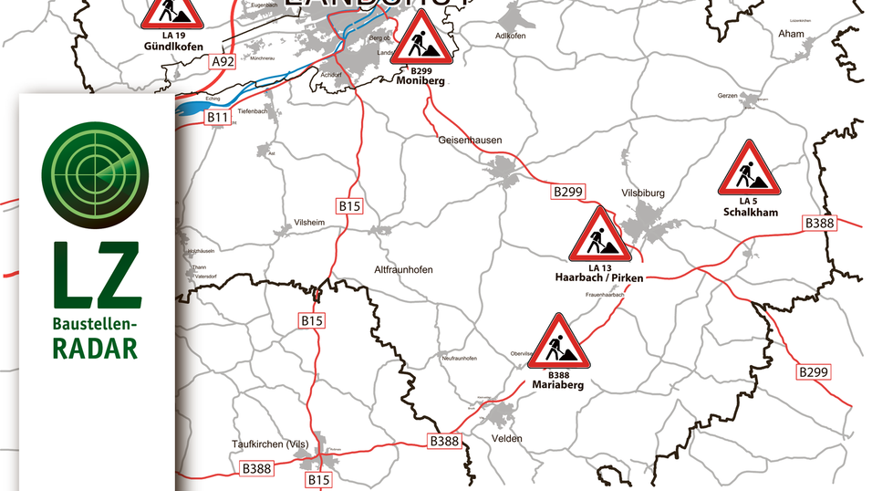 Die Karte zeigt die Baustellen an Bundes-, Staats- und Kreisstraßen im Landkreis.