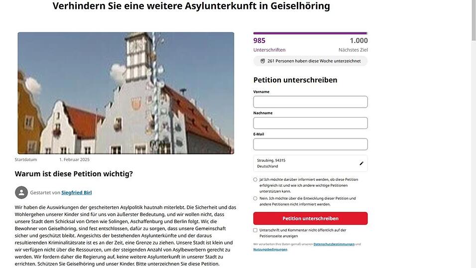 Gut 1.000 Unterschriften hatte die Petition zum Verhindern der Asylunterkunft bereits. Bis sie nach einem Anruf bei Manuel Jungmayer, dem Veranstalter der Kundgebung, plötzlich verschwand. Gut 1.000 Unterschriften hatte die Petition zum Verhindern der Asylunterkunft bereits. Bis sie nach einem Anruf bei Manuel Jungmayer, dem Veranstalter der Kundgebung, plötzlich verschwand.