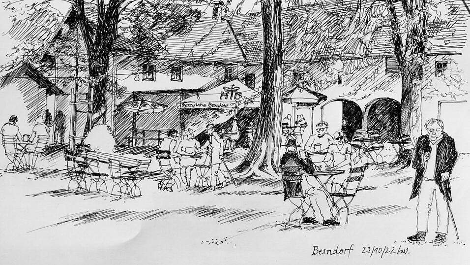 Szene im Berndorfer Biergarten festgehalten von Helmut Wartner.