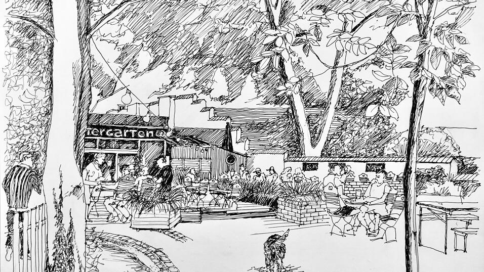 Heimelig und gem&uuml;tlich: Helmut Wartner skizzierte eine Szene im Wintergartne-Biergarten. Leider hat der Baumbestand unter der Trockenheit und der Miniermotte gelitten, berichtet er.