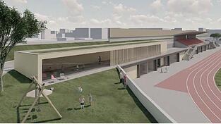 So k&ouml;nnte die kombinierte Arena f&uuml;r Schulsport, Konzerte, Kicker und Kindergarten k&uuml;nftig aussehen.