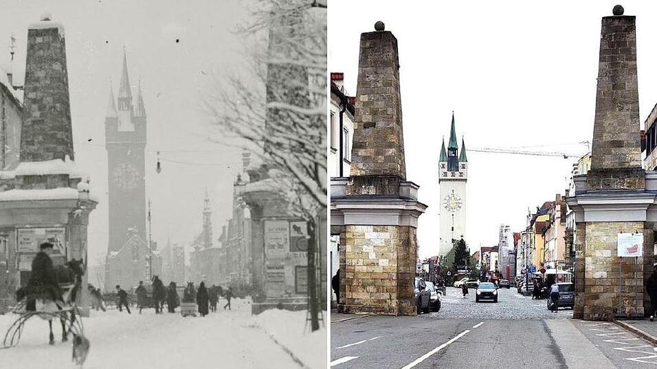 &bdquo;Blick auf das Untere Tor&ldquo;, 1916. Eine fr&uuml;he Winterfotografie, als man noch mit Pferd und Kutsche fuhr (links). Und der Blick durch das Ludwigstor 100 Jahre sp&auml;ter. Strenge und lange Winter gibt es laut Deutschem Wetterdienst nur noch selten. Auch in den kommenden Jahren.