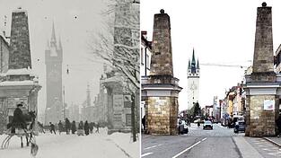 &bdquo;Blick auf das Untere Tor&ldquo;, 1916. Eine fr&uuml;he Winterfotografie, als man noch mit Pferd und Kutsche fuhr (links). Und der Blick durch das Ludwigstor 100 Jahre sp&auml;ter. Strenge und lange Winter gibt es laut Deutschem Wetterdienst nur noch selten. Auch in den kommenden Jahren.