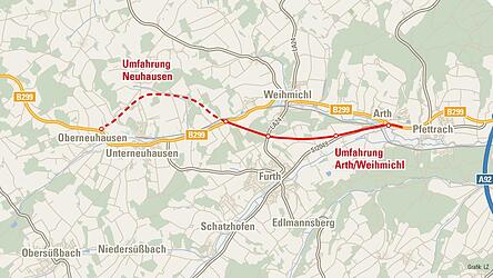 F&uuml;r die Umfahrung von Arth und Weihmichl gibt es jetzt einen Planfeststellungsbeschluss. Die Umfahrung von Neuhausen befindet sich noch in einem fr&uuml;heren Planungsstadium.