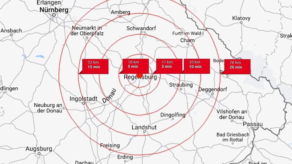 Abgedeckt wird ein Radius von rund 70 Kilometern um Regensburg (siehe Grafik) - erreichbar in ungefähr 20 Minuten: 'Die Gebiete überschneiden sich natürlich mit denen von anderen Luftrettungsstationen. Intensivtransporte und Verlegungsflüge machen wir aber in ganz Deutschland, nach Hamburg, Berlin und in andere Städte.'