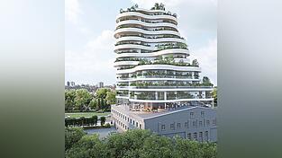 Ein geschwungenes und begrüntes Hochhaus soll auf dem Dach der früheren Lederfabrik am Münchner Isarring entstehen.