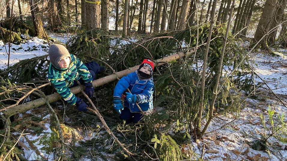 Dem Schneebruch sei Dank: Der Gipfel einer Fichte dient den beiden Buben als Piratenschiff.