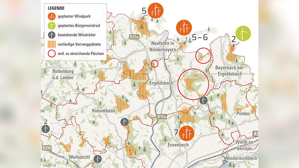 Anhand des Entwurfs des Regionalplans ist diese Karte entstanden. Rot eingekreist sind nun die Windvorrangflächen, von denen Dr. Christian Hofer vorschlug, sie zu streichen, damit wenigstens eine Sichtachse frei bleibt und Ergoldsbach nicht eingekreist wird. Der Marktgemeinderat muss am Donnerstagabend entsprechend über eine Stellungnahme an den Regionalen Planungsverband beraten. Anhand des Entwurfs des Regionalplans ist diese Karte entstanden. Rot eingekreist sind nun die Windvorrangflächen, von denen Dr. Christian Hofer vorschlug, sie zu streichen, damit wenigstens eine Sichtachse frei bleibt und Ergoldsbach nicht eingekreist wird. Der Marktgemeinderat muss am Donnerstagabend entsprechend über eine Stellungnahme an den Regionalen Planungsverband beraten.