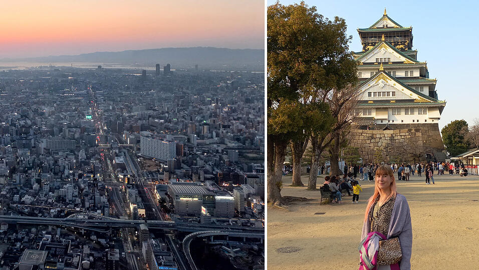 Ein Ausblick auf die japanische Millionenstadt Osaka zum Sonnenuntergang. Hübsch anzusehen sind für Kati Auerswald auch die vielen Shrines, Tempel-ähnliche Anlagen zum Beten, die es in fast jeder Stadt gibt. Ein Ausblick auf die japanische Millionenstadt Osaka zum Sonnenuntergang. Hübsch anzusehen sind für Kati Auerswald auch die vielen Shrines, Tempel-ähnliche Anlagen zum Beten, die es in fast jeder Stadt gibt.