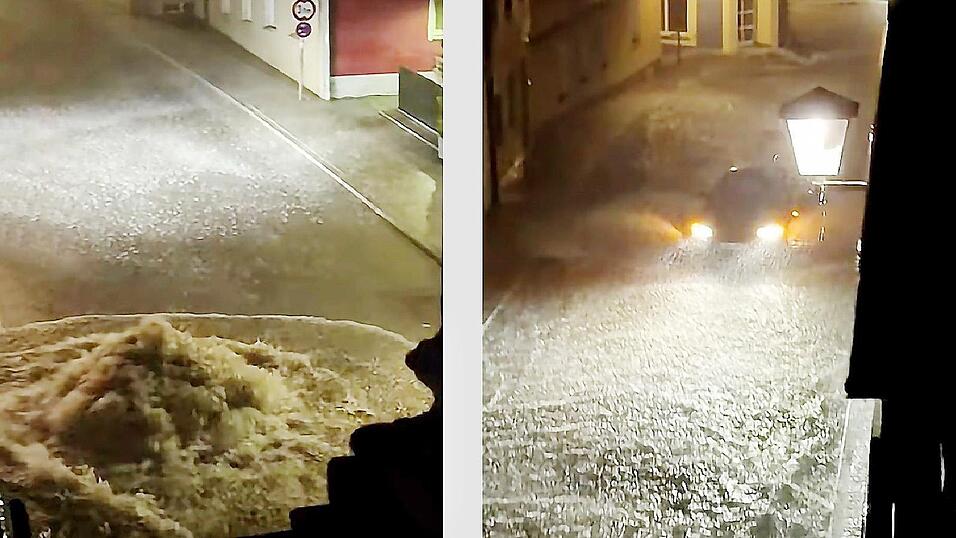 Die Wassermassen bahnten sich ihren Weg durch die Gullys an die Oberfl&auml;che, wie hier in der Hauptstra&szlig;e, wo sie sich anschlie&szlig;end bis zum Sebsatianiplatz ergossen.