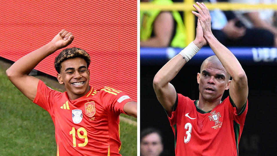 Die EM ist ein Turnier der Generationen: Spaniens Lamine Yamal ist mit 16 Jahren der jüngste EM-Spieler. Portugals Pepe mit 41 Jahren der älteste. Funfact: Sogar Lamine Yamals Vater ist jünger als der portugiesische Abwehr-Opa.