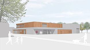 So wird das neue Feuerwehrhaus (Ansicht Eingangsbereich Süd) einmal aussehen.