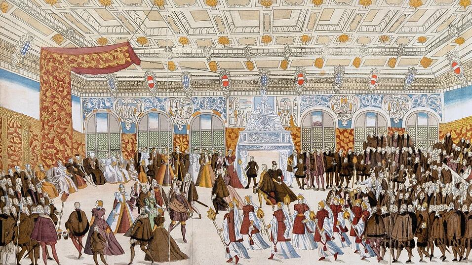 Ein Stich von Nikolaus Solis zeigt die herzogliche Hochzeit von 1568 mit &bdquo;Tanz und Mummerei&ldquo;.