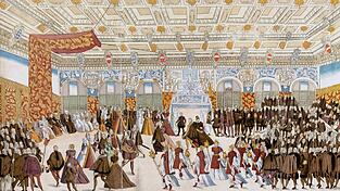 Ein Stich von Nikolaus Solis zeigt die herzogliche Hochzeit von 1568 mit &bdquo;Tanz und Mummerei&ldquo;.