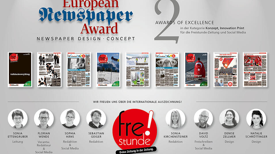 Die Freistunde-Redaktion ist mit zwei 'Awards of Excellence' beim 'European Newspaper Award' ausgezeichnet worden. Die Freistunde-Redaktion ist mit zwei 'Awards of Excellence' beim 'European Newspaper Award' ausgezeichnet worden.