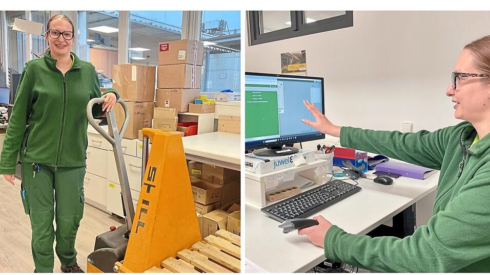Praktisch, wenn die Hydraulik schwere Pakete hebt - dann bleibt auch Christines schwacher R&uuml;cken entlastet (links). Auf die neue Aufgabe, die Proben per Scanner im System zu erfassen, ist Christine ganz besonders stolz (rechts).
