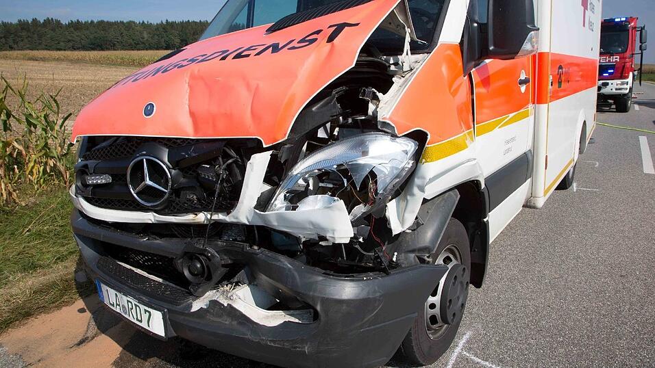Ein Sanka fuhr am Samstag auf einen Notarztwagen auf, nachdem dieser stark bremste. Vier Rettungskräfte wurden leicht verletzt. Ein Sanka fuhr am Samstag auf einen Notarztwagen auf, nachdem dieser stark bremste. Vier Rettungskräfte wurden leicht verletzt.