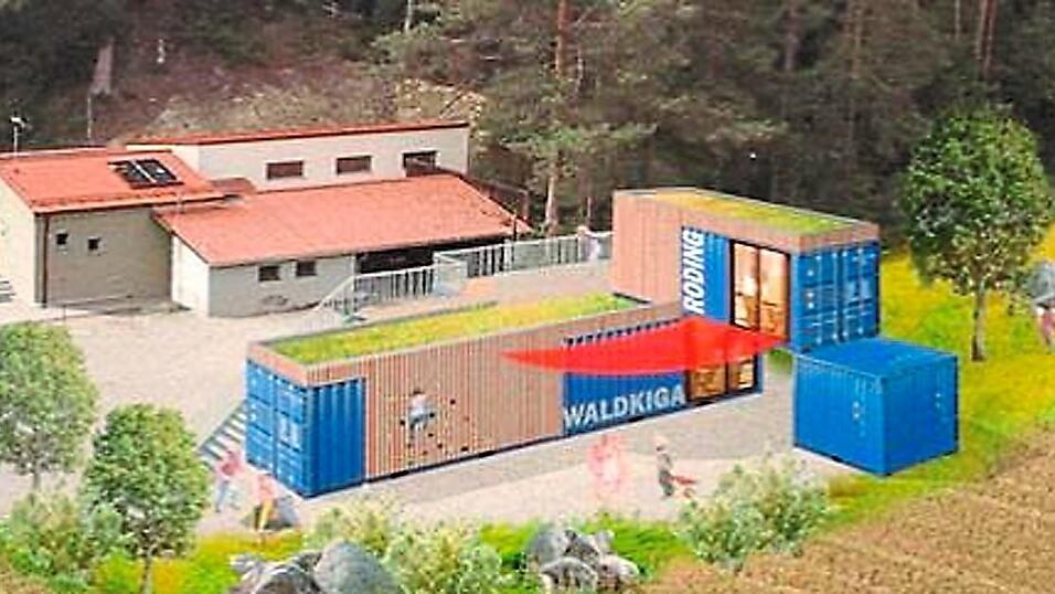 Die Modulbauweise pr&auml;gt mehrere Bauk&ouml;rper, daneben, ebenfalls mehrere Bauk&ouml;rper, das Sch&uuml;tzenheim und das naturnahe Klassenzimmer in Oberkreith.