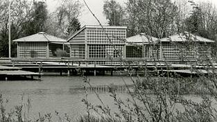 Die Stege über den Eisweiher gibt es auch heute noch. Die Pavillons wurden abgerissen.