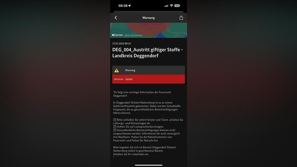 Die ausgegebene Warnung in der App.