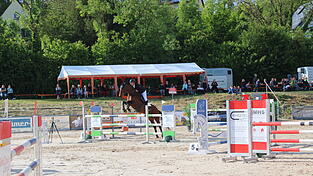 Hier ist Fabian Huber vom gastgebenden Verein auf seinem Ritt zum Sieg. Im Hintergrund zu sehen ist ein Teil des Zuschauerh&uuml;gels. Viele Interessierte hatten sich eingefunden, um die Wettbewerbe zu verfolgen.