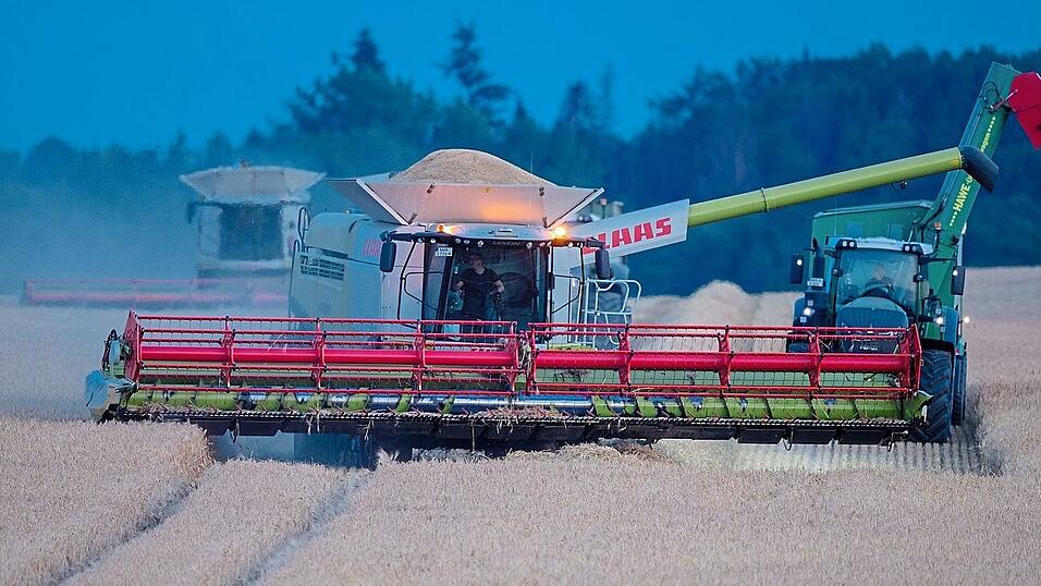 Um den Auswirkungen des Taus zu entgehen, waren M&auml;hdrescher bei der Getreideernte in diesem Jahr h&auml;ufig nachts auf den Feldern.