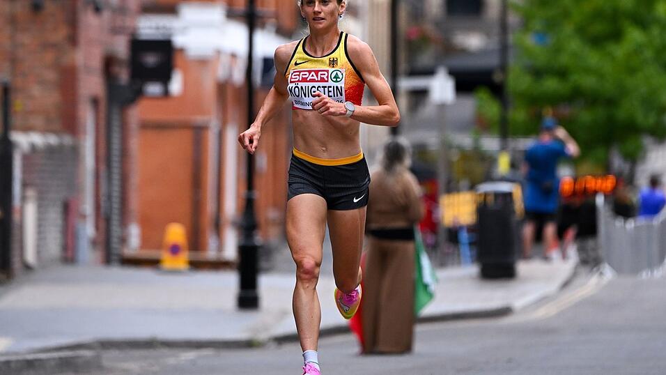 Fabienne Königstein lief anfangs vorn mit, musste im schweren EM-Marathon dann aber aufgeben. Fabienne Königstein lief anfangs vorn mit, musste im schweren EM-Marathon dann aber aufgeben.
