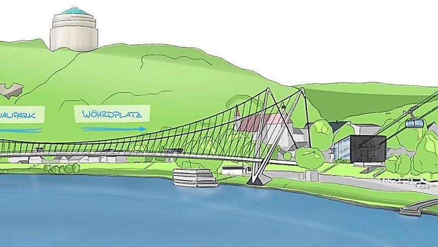 Diese Animation mit Blick auf die Befreiungshalle zeigt die letztendlich nicht zu realisierende Seilbahn (rechts). Um das Radwegenetz zu optimieren, schwebt den Experten der Bau einer Brücke für Radfahrer und Fußgänger zwischen Donaupark und Wöhrdplatz vor. Diese Animation mit Blick auf die Befreiungshalle zeigt die letztendlich nicht zu realisierende Seilbahn (rechts). Um das Radwegenetz zu optimieren, schwebt den Experten der Bau einer Brücke für Radfahrer und Fußgänger zwischen Donaupark und Wöhrdplatz vor.