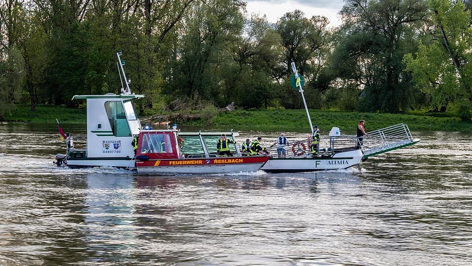 Der zweite Rettungsversuch: Das Boot der Feuerwehr Ne&szlig;lbach schleppt die Donauf&auml;hre zur&uuml;ck.