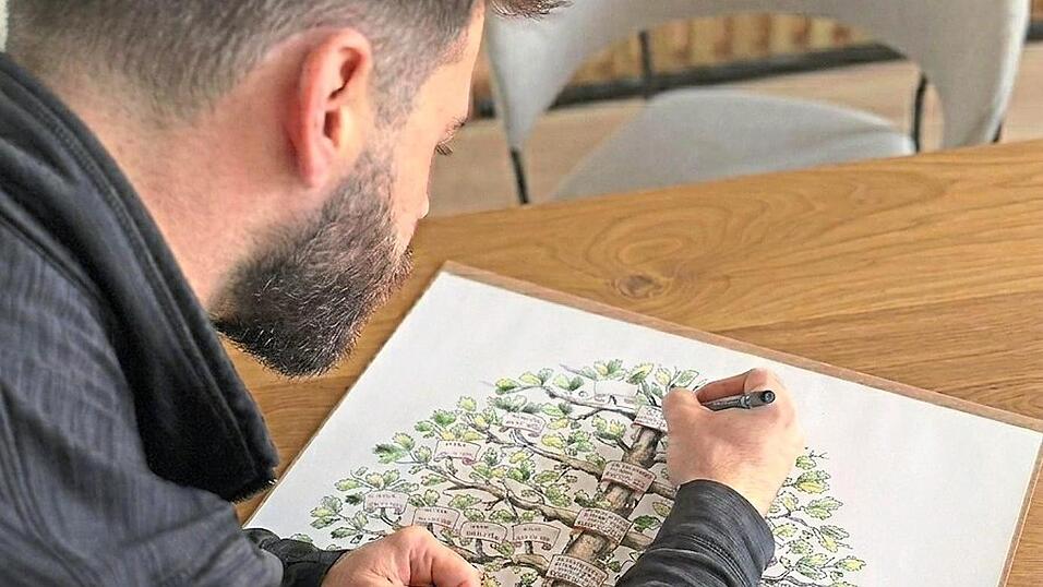 Diesen Stammbaum hat noch sein Gro&szlig;onkel Hermann Scheuer gemalt. Andreas erg&auml;nzt bei diesem Exemplar nun die weiteren Namen.