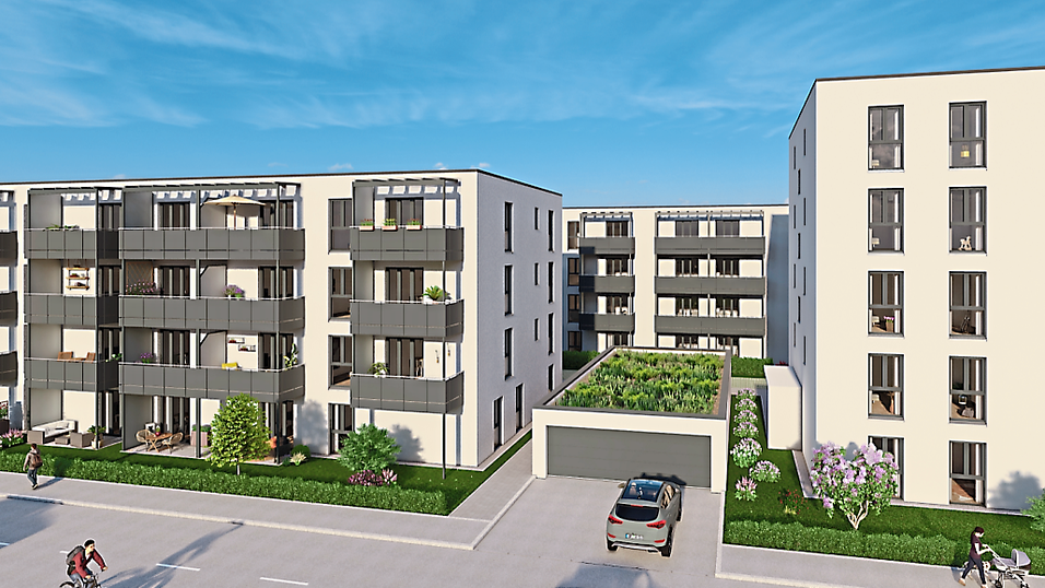 Im Nebel wurde Richtfest gefeiert, die Grafik zeigt, wie die Häuser Ende 2025 übergeben werden. Im Nebel wurde Richtfest gefeiert, die Grafik zeigt, wie die Häuser Ende 2025 übergeben werden.