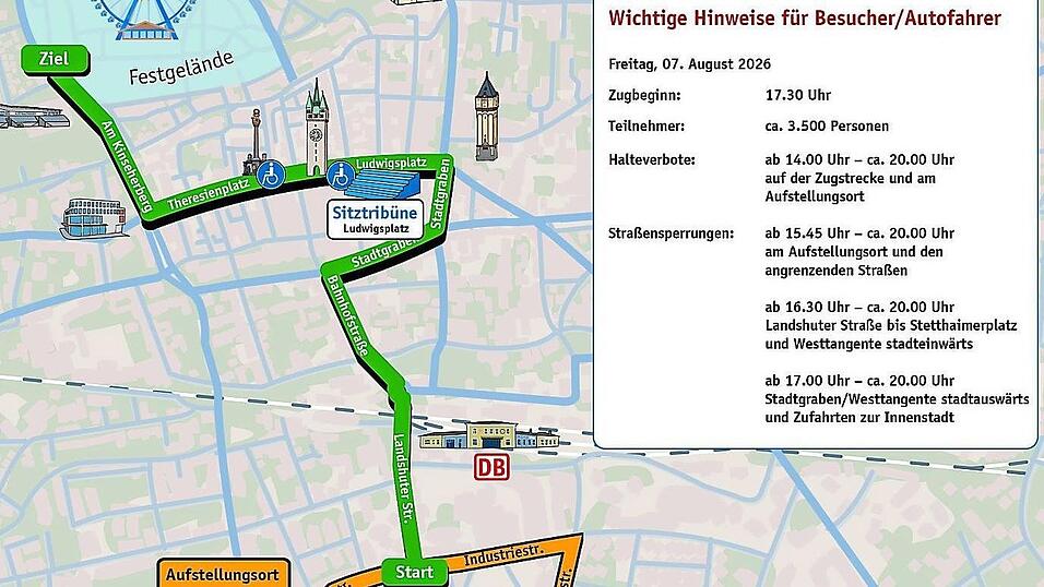 Der Zugweg führt von der Landshuter Straße über die Bahnhofstraße zum Festplatz am Hagen. Der Zugweg führt von der Landshuter Straße über die Bahnhofstraße zum Festplatz am Hagen.