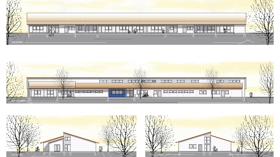Die Entw&uuml;rfe f&uuml;r den viergruppigen Kindergarten gesehen aus Osten (oben), Westen (Mitte), S&uuml;den (links unten) und Norden.
